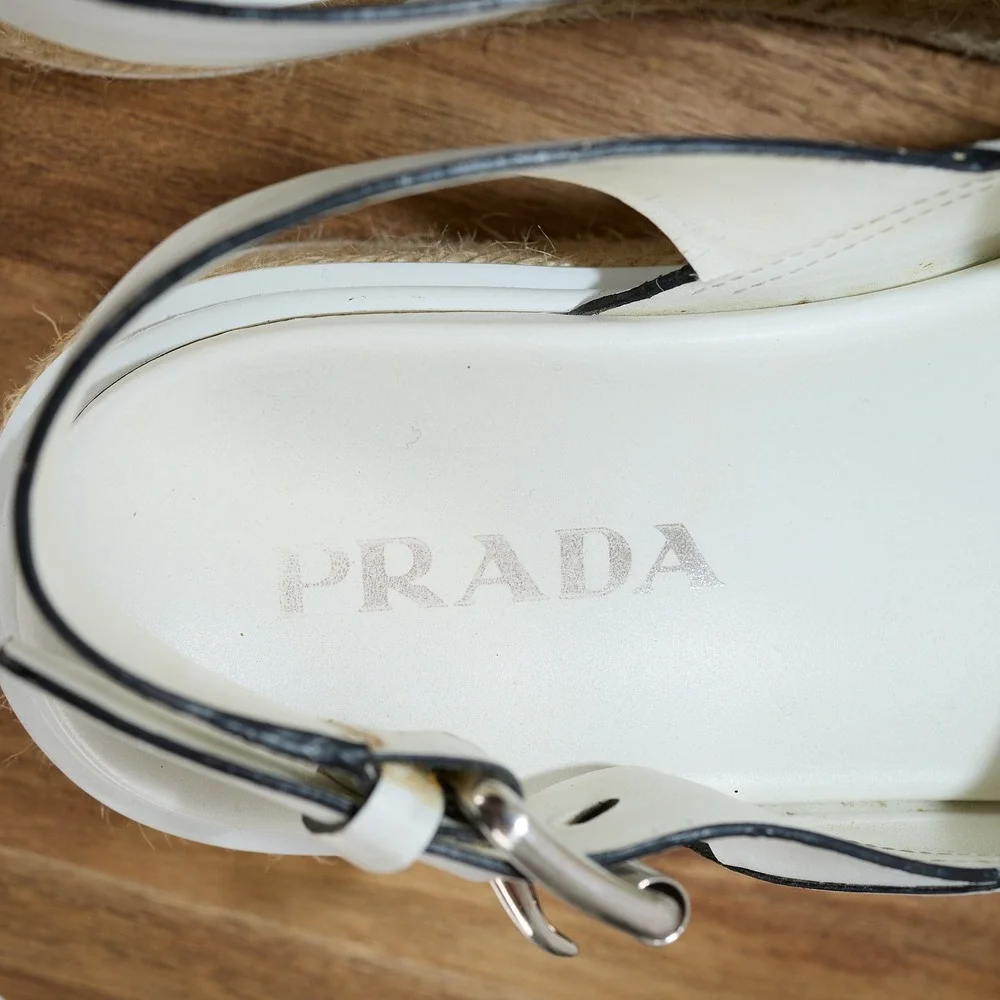 Prada White Leather Crisscross Platform Espadrille Sandals 36 Slingback Flatform